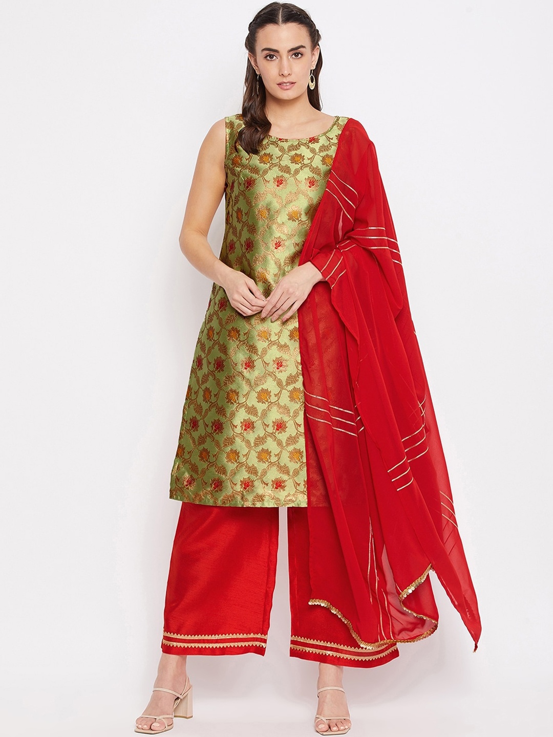 

Bitterlime Women Green Floral Regular Gotta Patti Kurta with Palazzos & With Dupatta