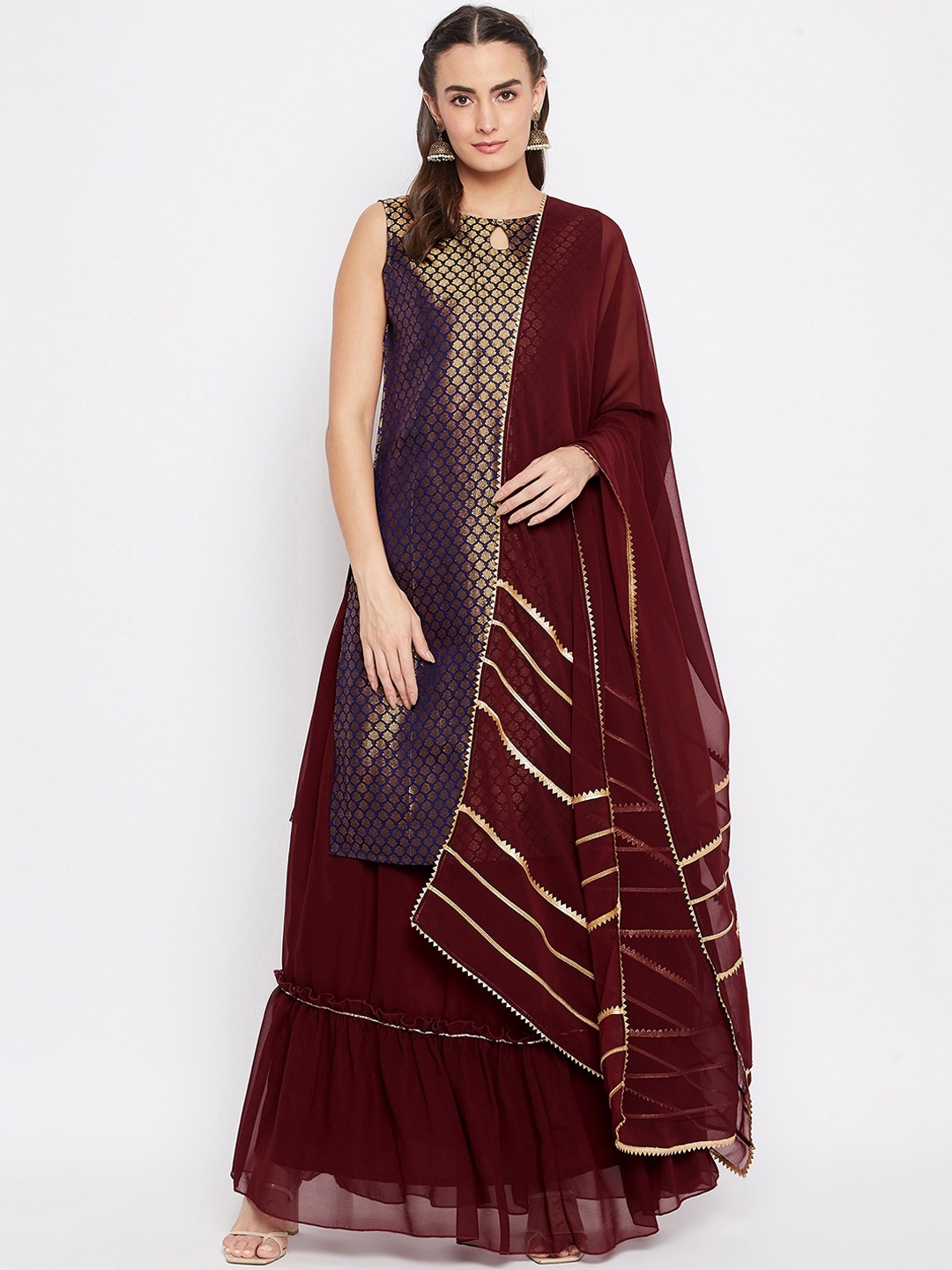 

Bitterlime Women Navy Blue Ethnic Motifs Gotta Patti Kurta with Skirt & Dupatta