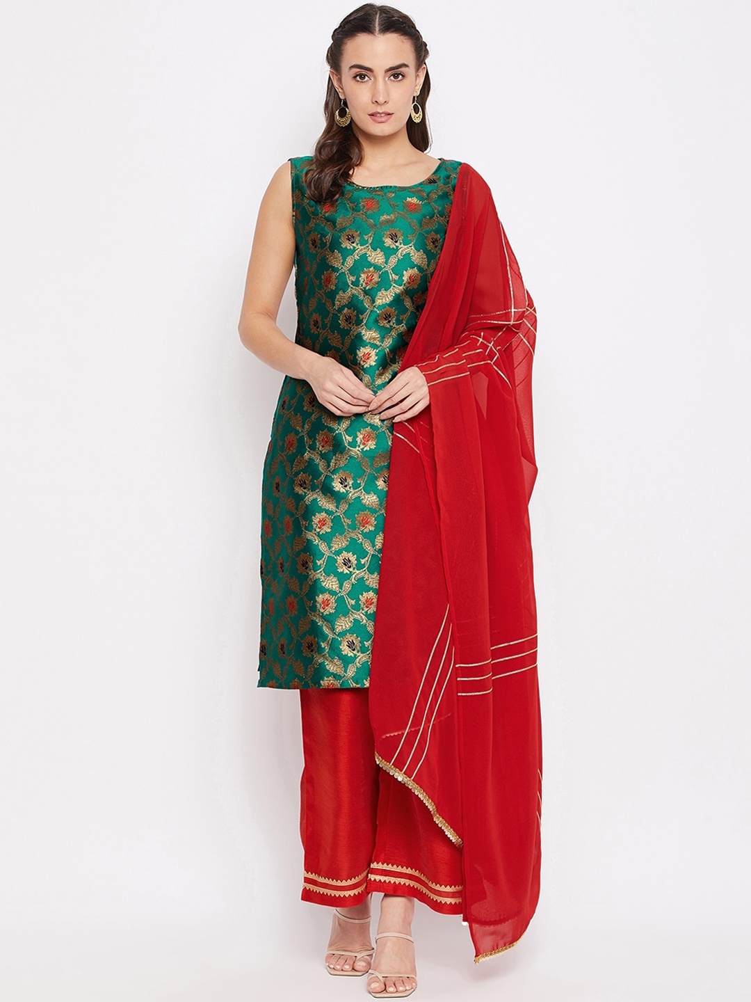

Bitterlime Women Green & Red Printed Kurta with Palazzo & Dupatta
