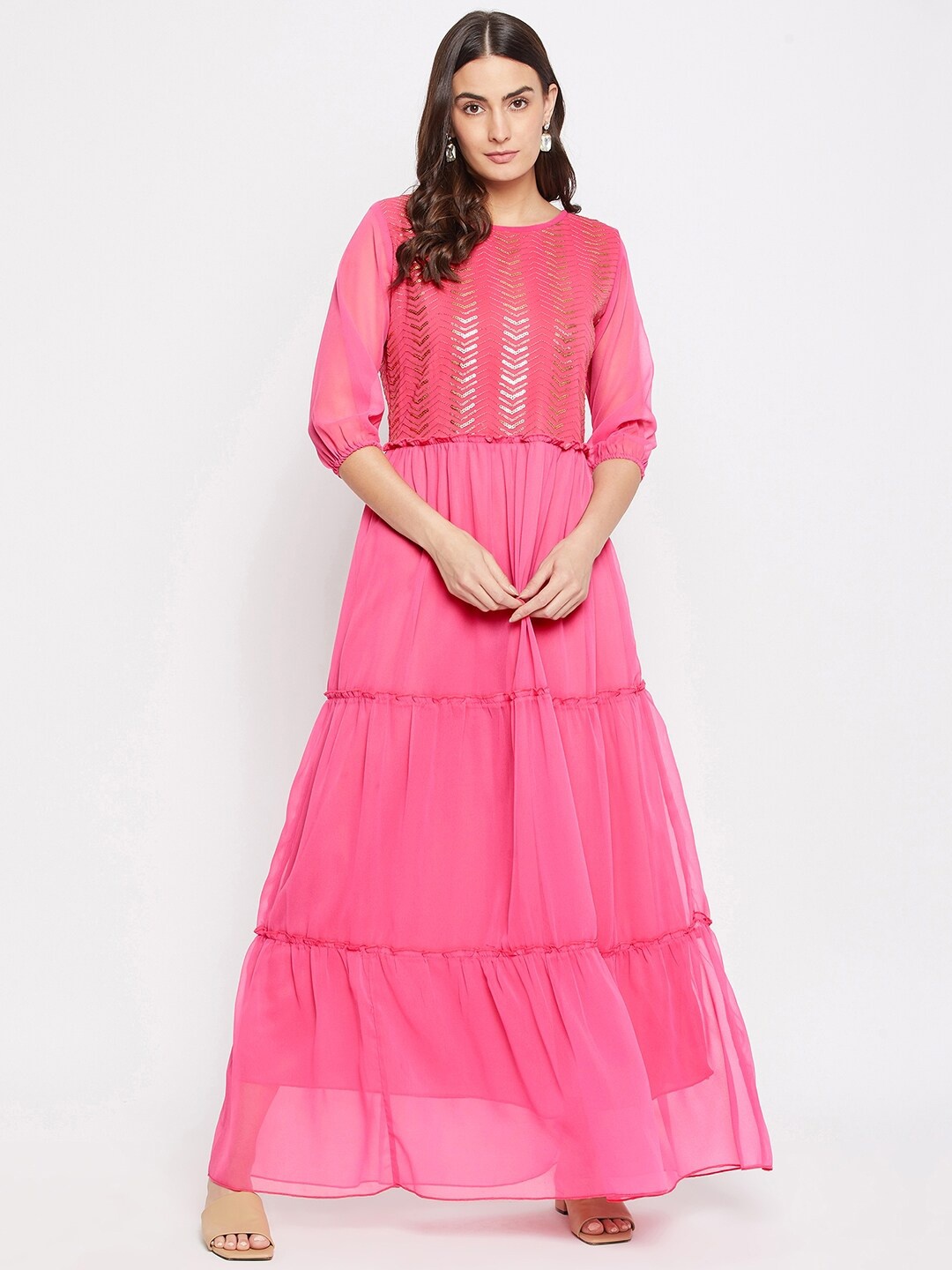 

Bitterlime Pink Georgette Maxi Tiered Dress