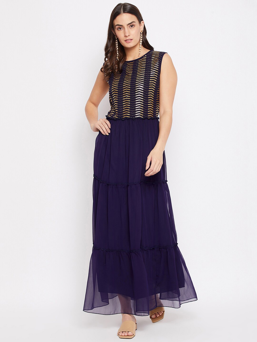 

Bitterlime Blue Embellished Georgette Maxi Dress