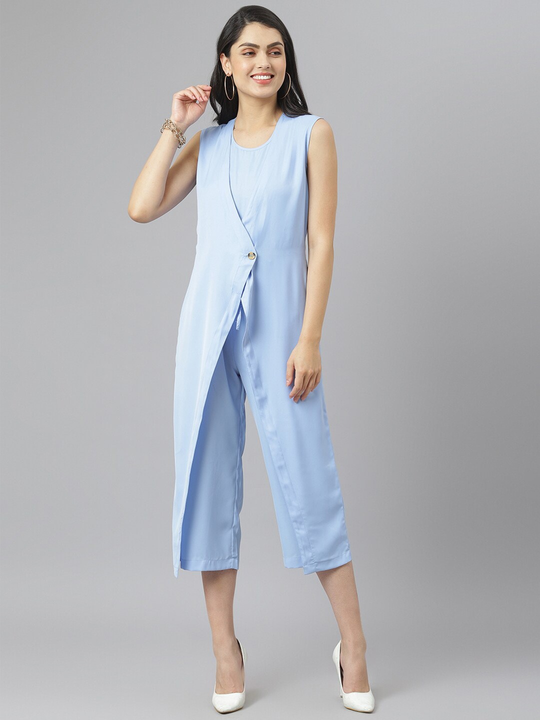 

am ma Blue Solid Culotte Jumpsuit