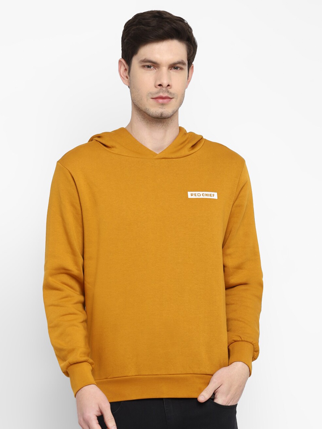 

Red Chief Men Mustard Brown Cotton Hooded Sweatshirt
