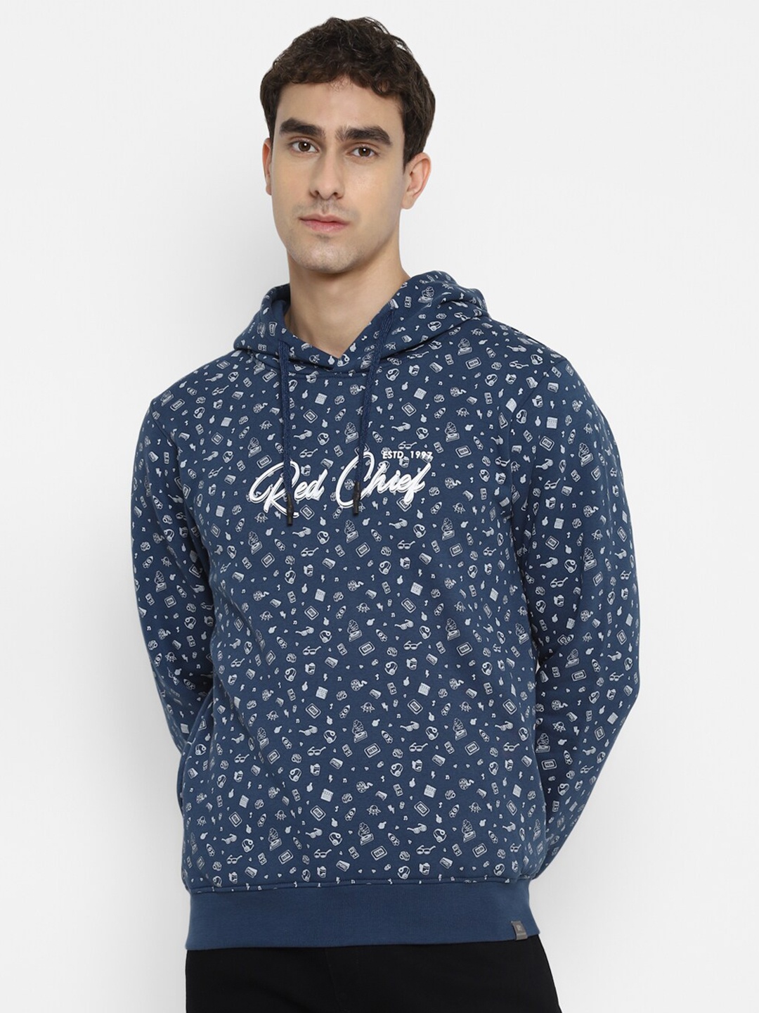 

Red Chief Men Navy Blue Printed Hooded Sweatshirt, Teal