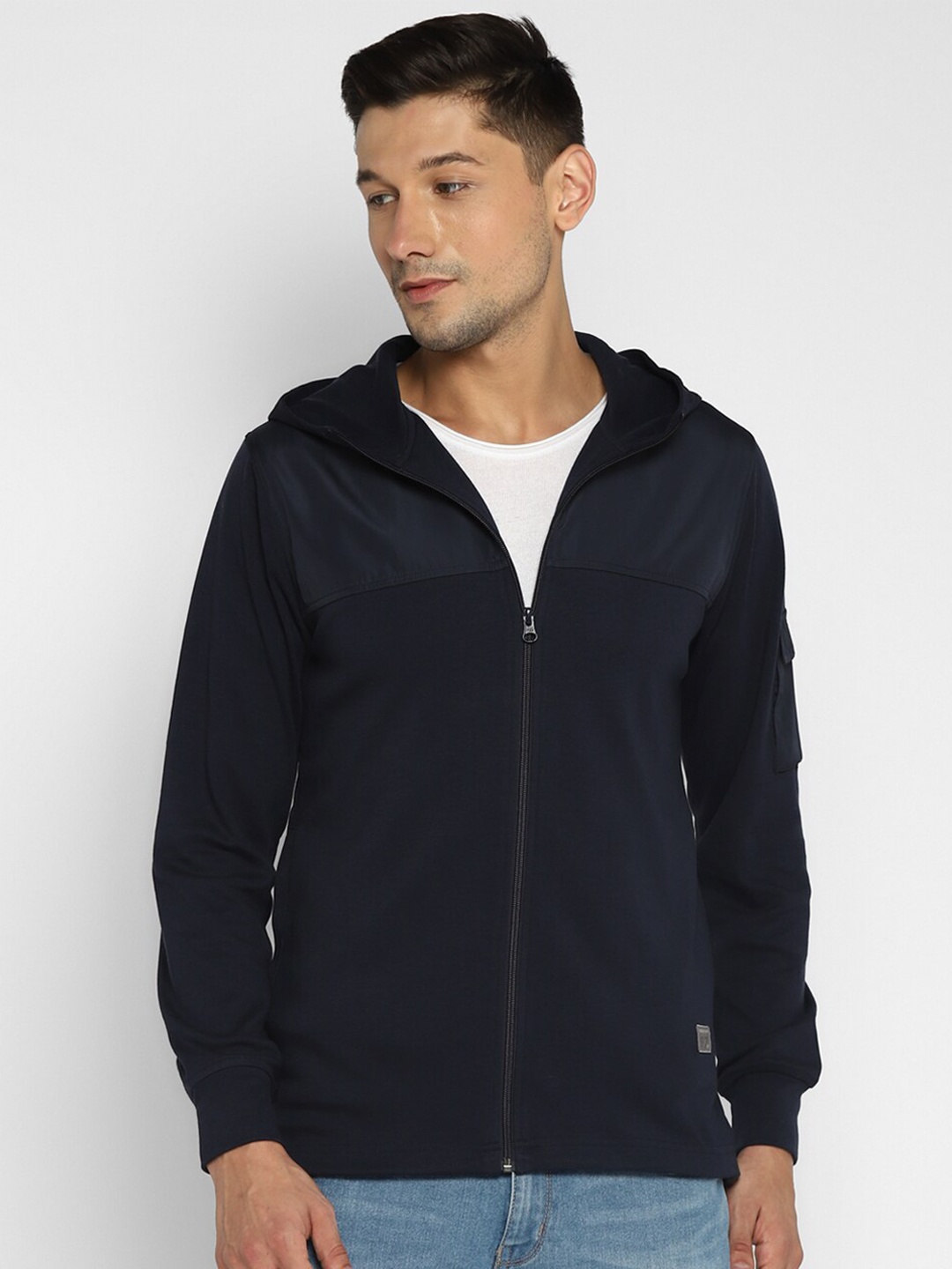 

Red Chief Men Navy Blue Solid Front-Open Hooded Sweatshirt
