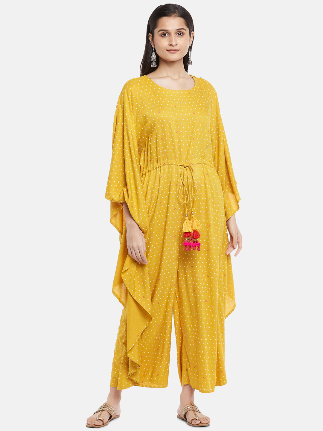 

AKKRITI BY PANTALOONS Yellow & White Printed Basic Jumpsuit
