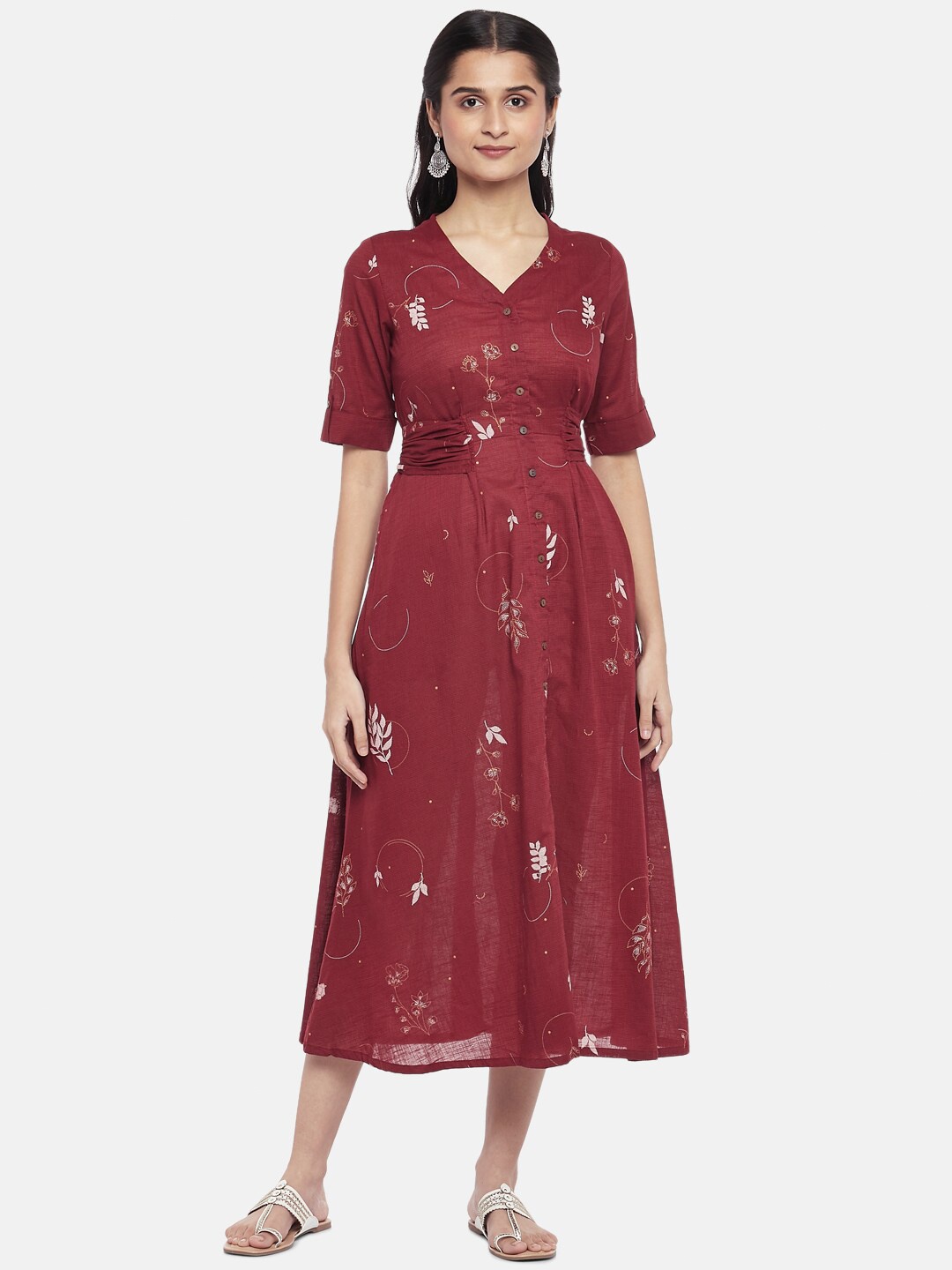 

AKKRITI BY PANTALOONS Maroon Floral Midi Fit & Flared Dress