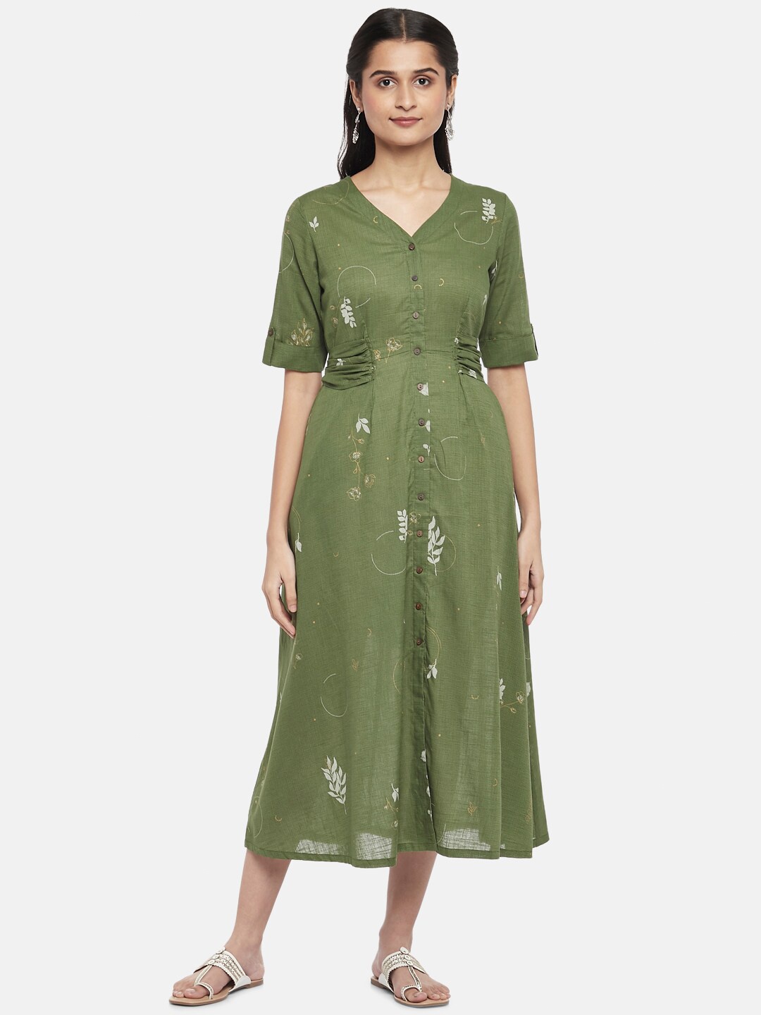 

AKKRITI BY PANTALOONS Green Floral Printed Shirt Pure Cotton Midi Dress