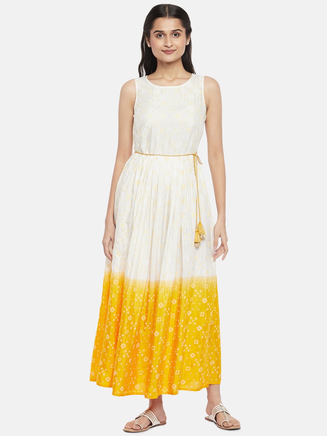 

AKKRITI BY PANTALOONS Off White & Yellow Ethnic Motifs Ethnic Maxi Dress