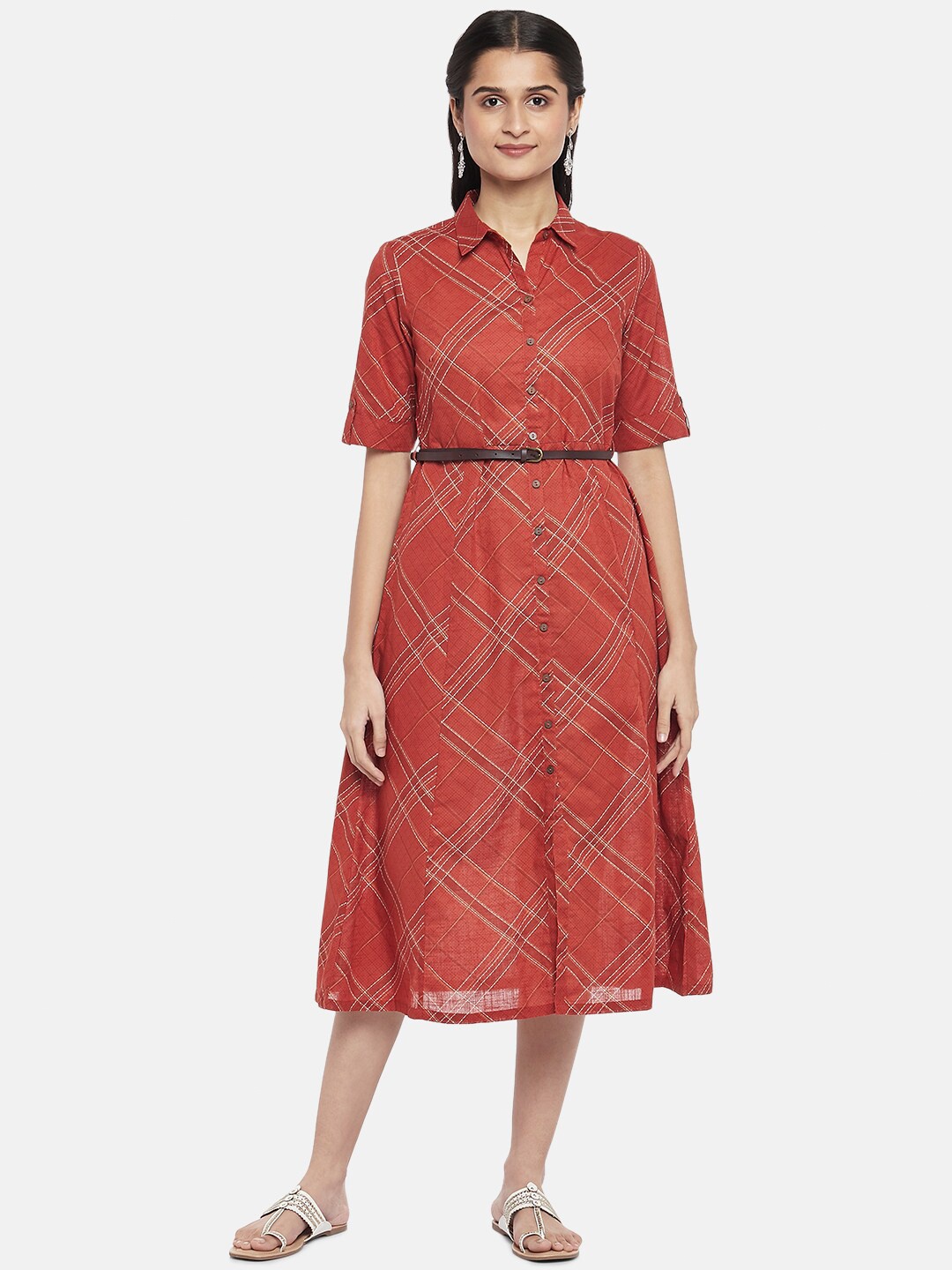 

AKKRITI BY PANTALOONS Rust & White Checked Pure Cotton Shirt Midi Dress