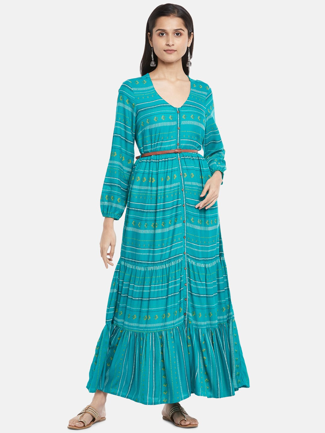

AKKRITI BY PANTALOONS Blue & Yellow Checked Belted Maxi Dress