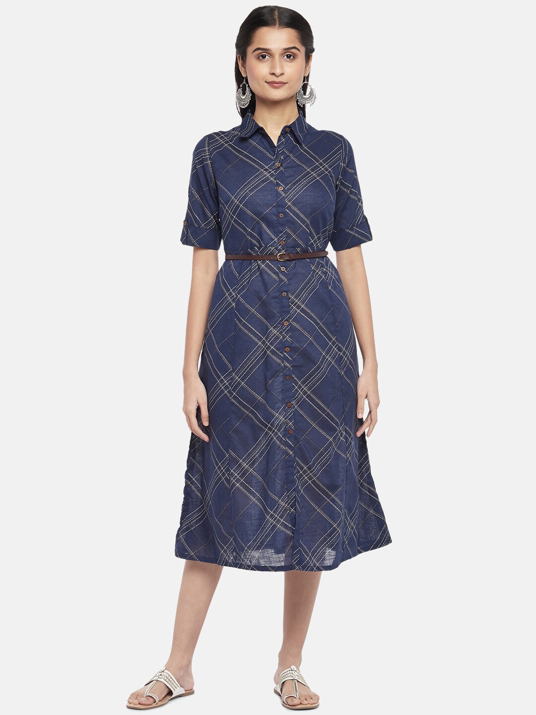 

AKKRITI BY PANTALOONS Blue Checked Shirt Midi Dress