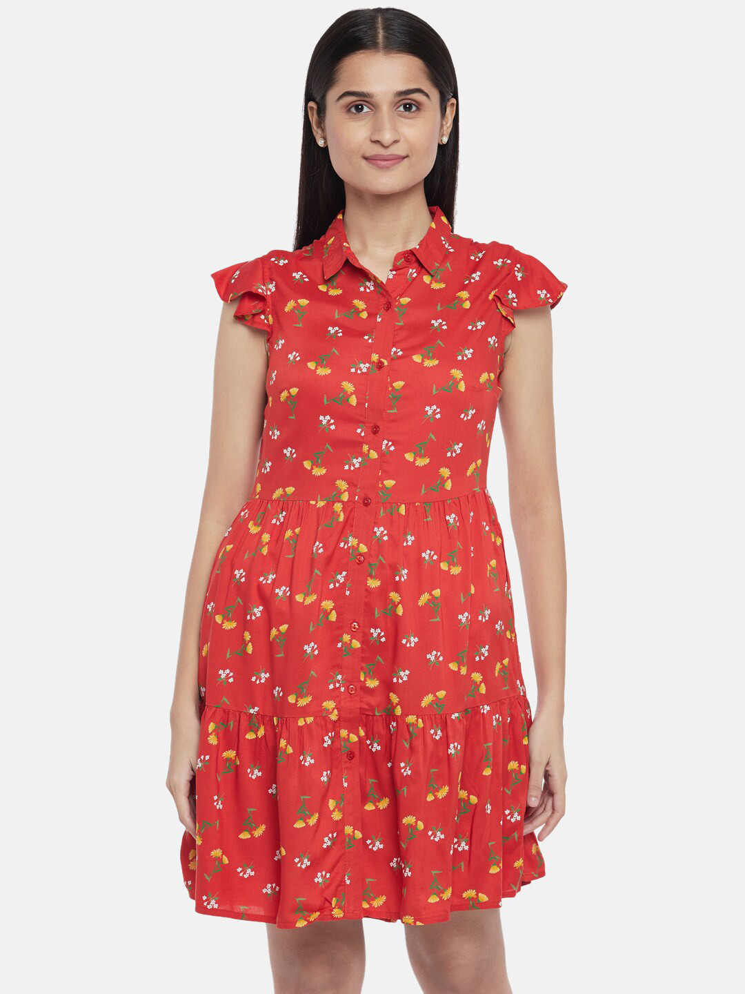 

Honey by Pantaloons Rust & Mustard Yellow Floral Printed A-Line Dress