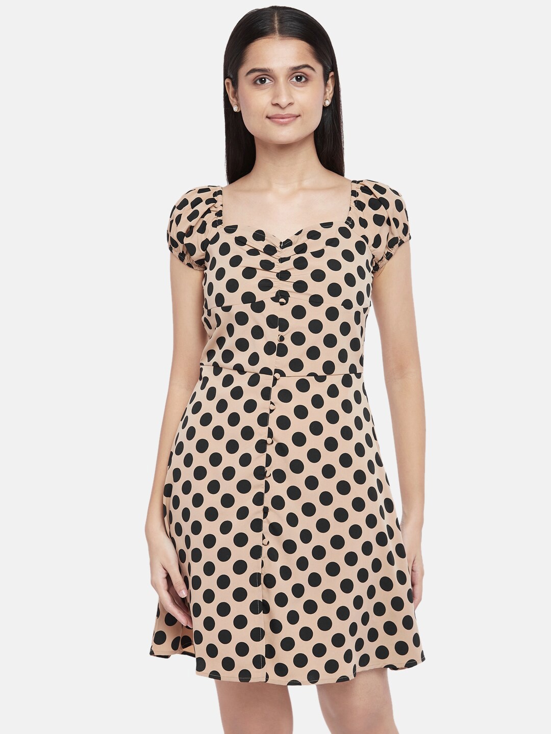 

People Beige & Black Printed A-Line Dress