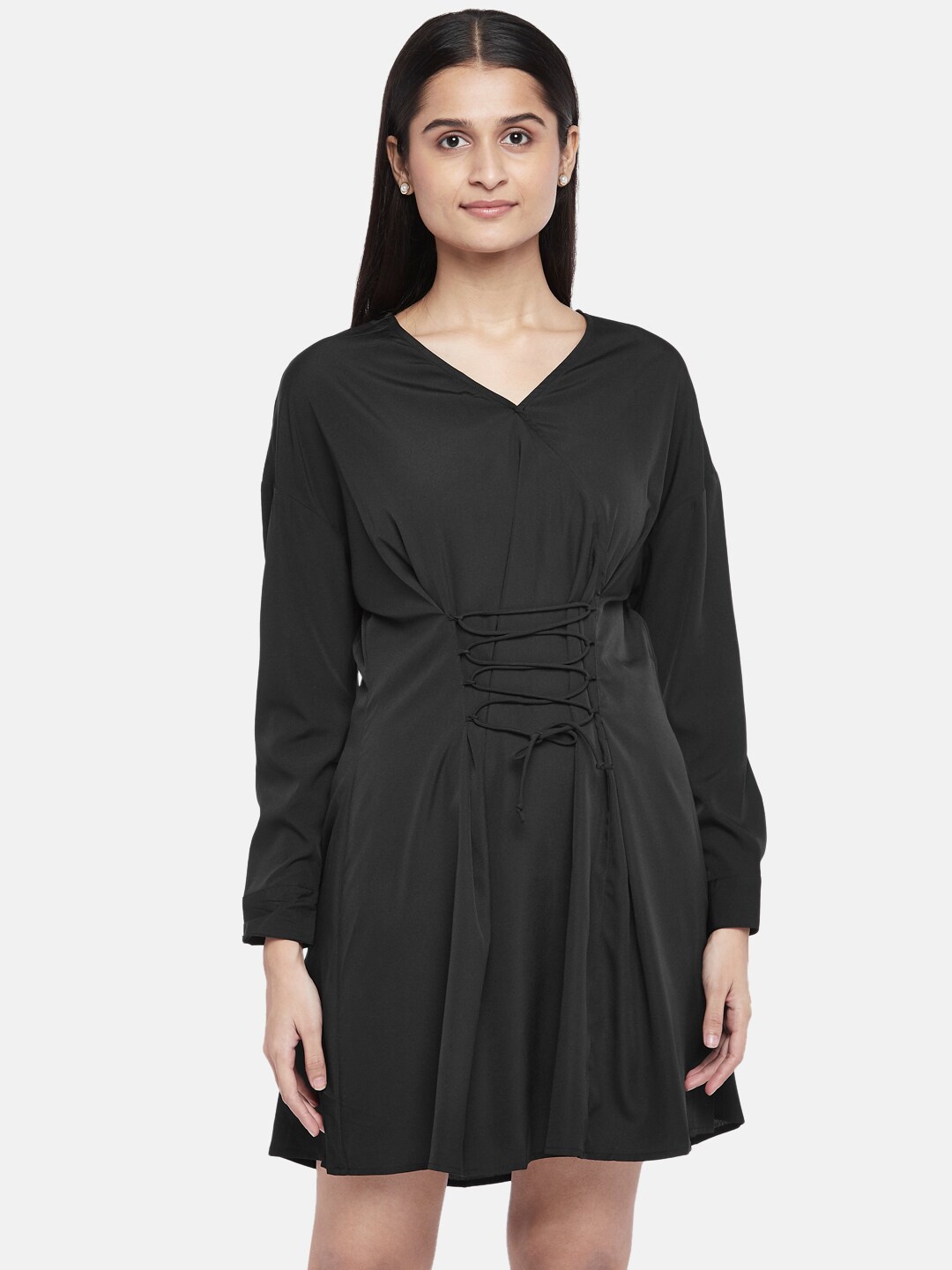 

People Black Solid Wrap Flared Dress