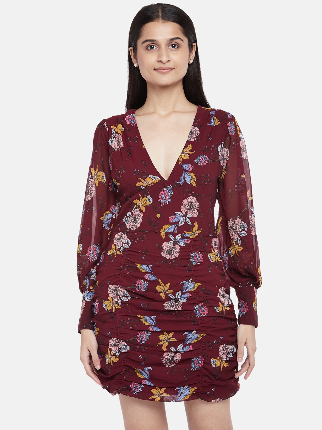 

People Maroon & Beige Floral Printed Georgette A-Line Dress