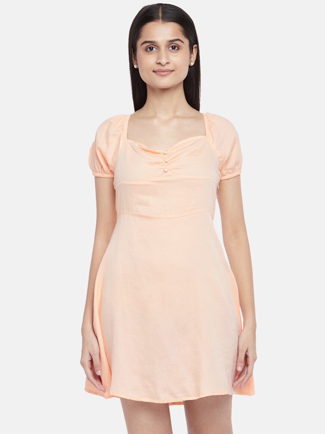 

People Peach-Coloured Pure Cotton Puff Sleeve Dress
