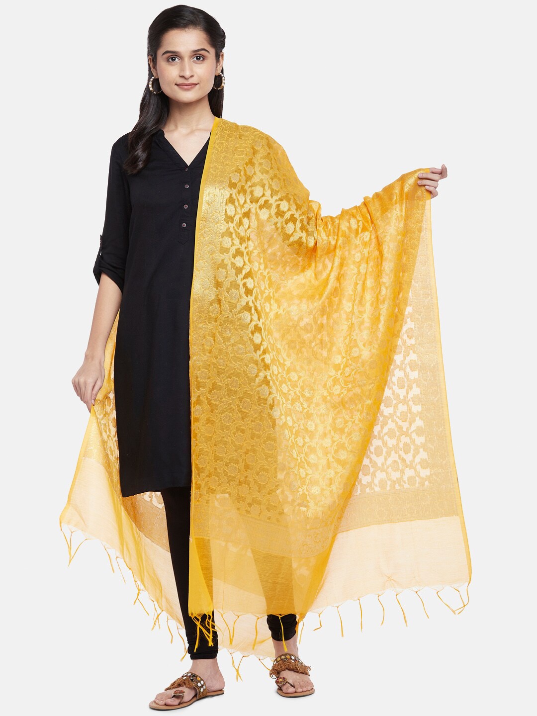 

RANGMANCH BY PANTALOONS Women Yellow Floral Woven Design Pure Silk Dupatta