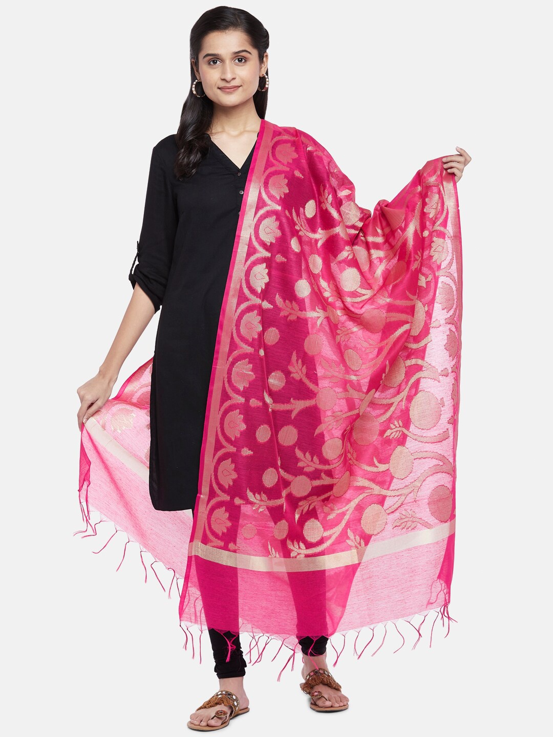 

RANGMANCH BY PANTALOONS Fuchsia & Gold-Toned Woven Design Pure Silk Dupatta