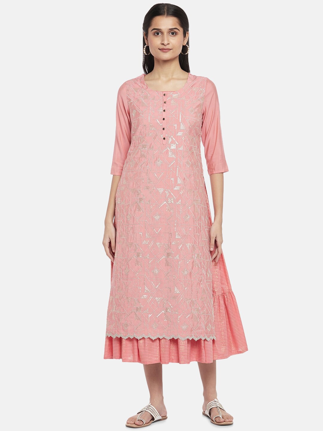 

RANGMANCH BY PANTALOONS Peach-Coloured Floral Layered Ethnic A-Line Midi Dress