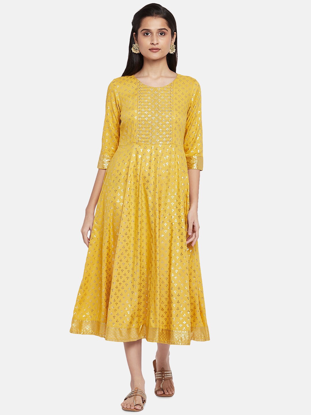 

RANGMANCH BY PANTALOONS Yellow Floral Ethnic Midi Dress