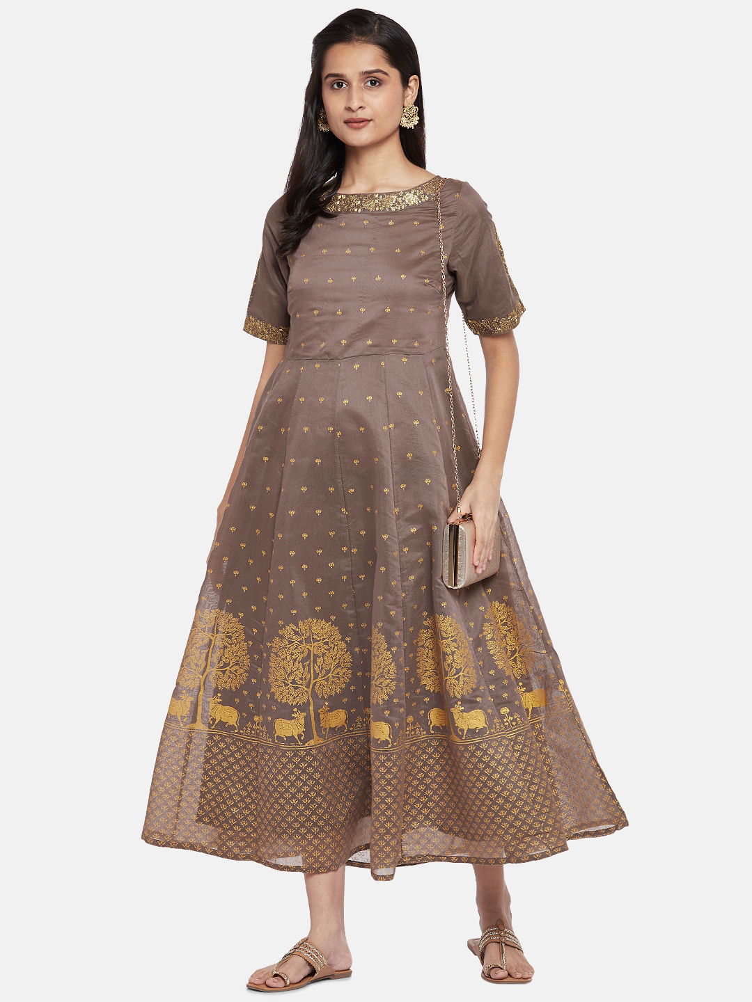 

RANGMANCH BY PANTALOONS Charcoal & Mustard Yellow Ethnic Motifs Midi Dress