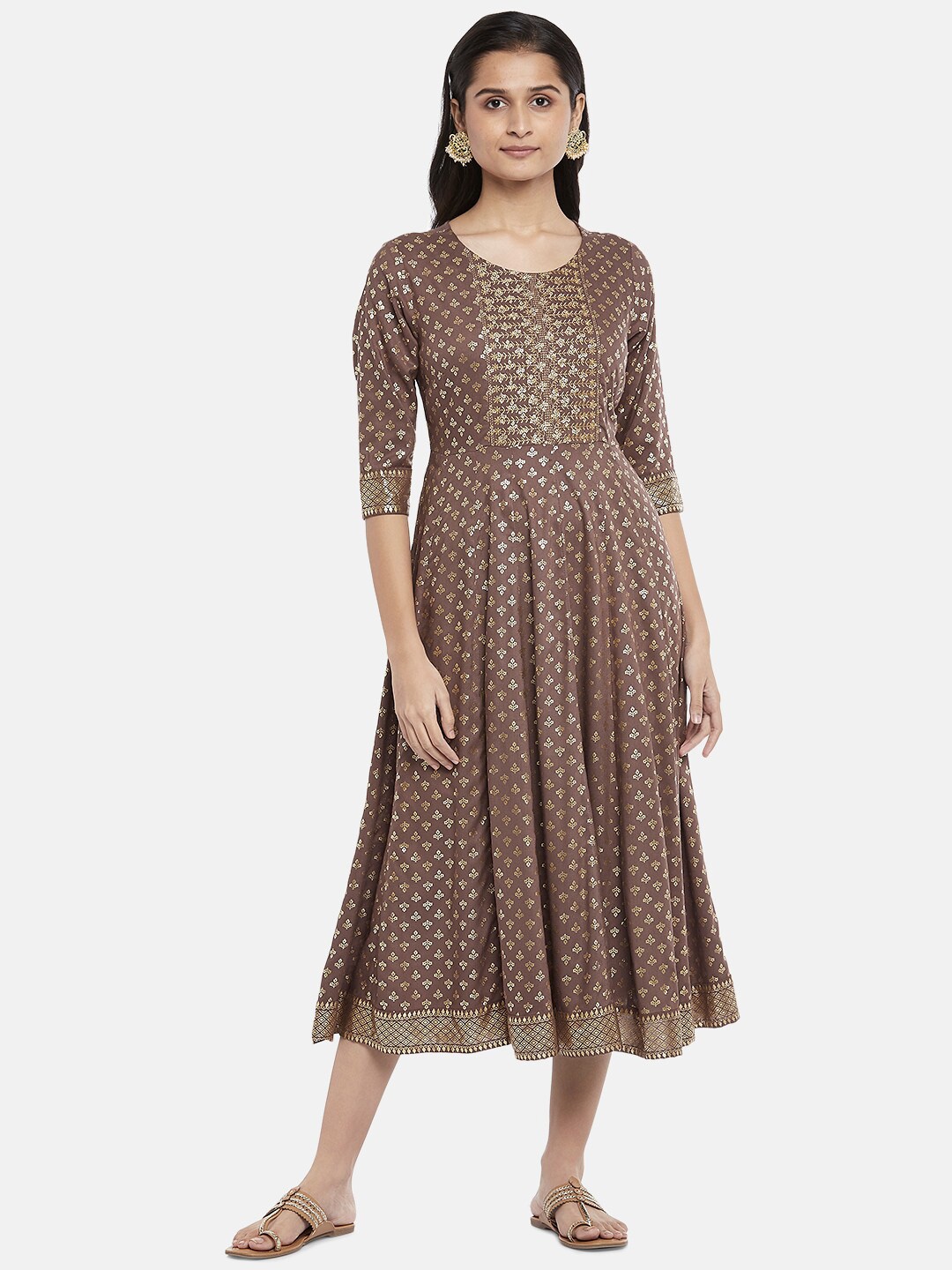 

RANGMANCH BY PANTALOONS Brown & Gold-Toned Ethnic Motifs Ethnic Midi Dress