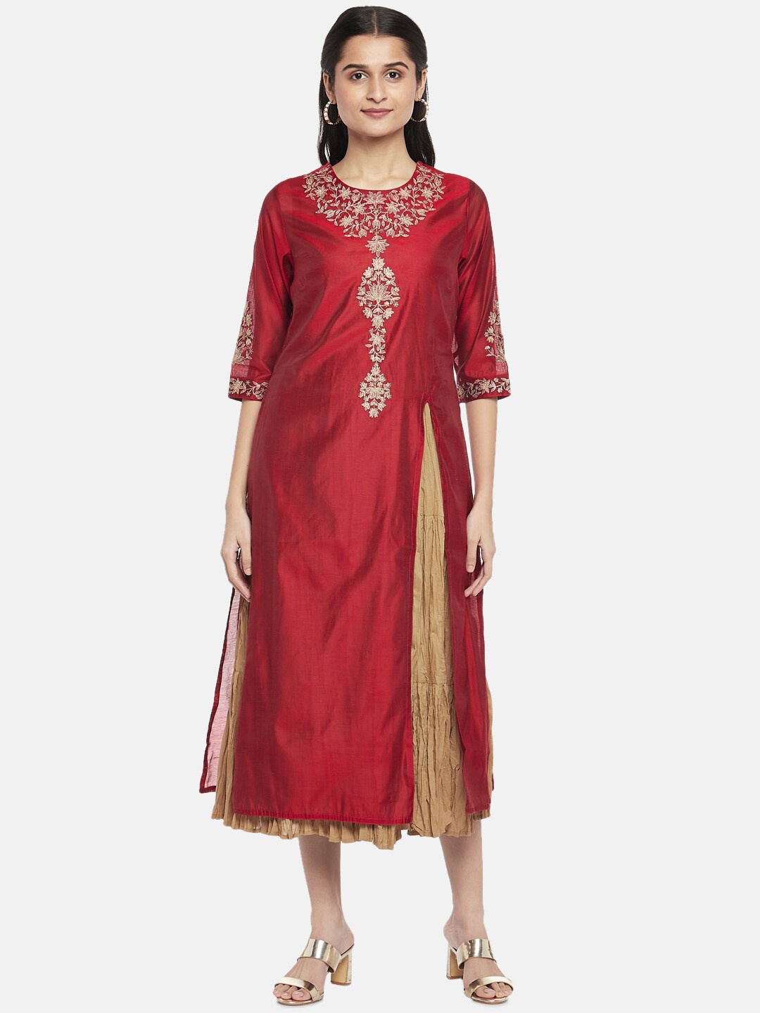 

RANGMANCH BY PANTALOONS Red Ethnic Motifs Embroidered Layered Ethnic A-Line Midi Dress