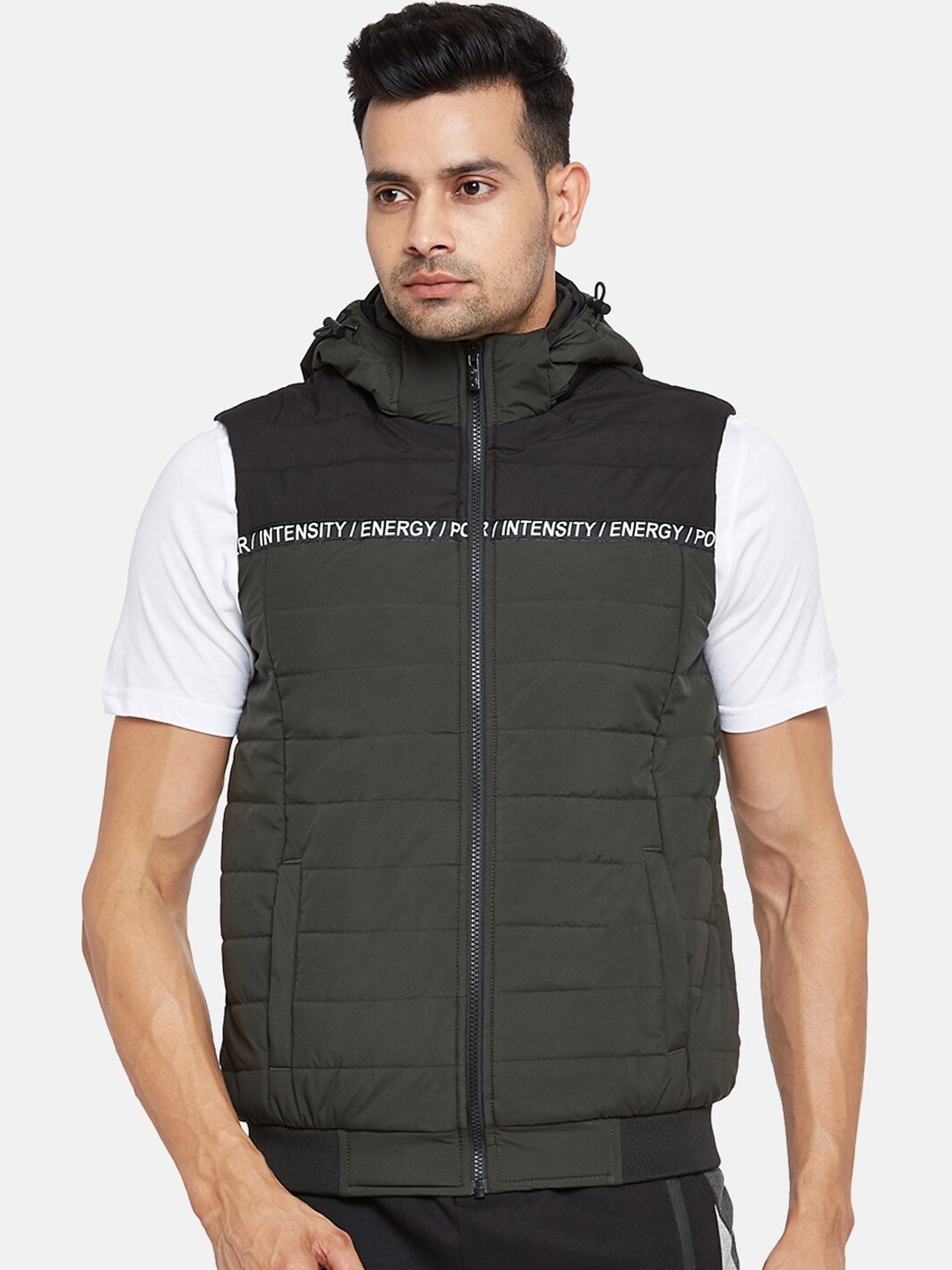 

Ajile by Pantaloons Men Olive Green Black Colourblocked Bomber Jacket