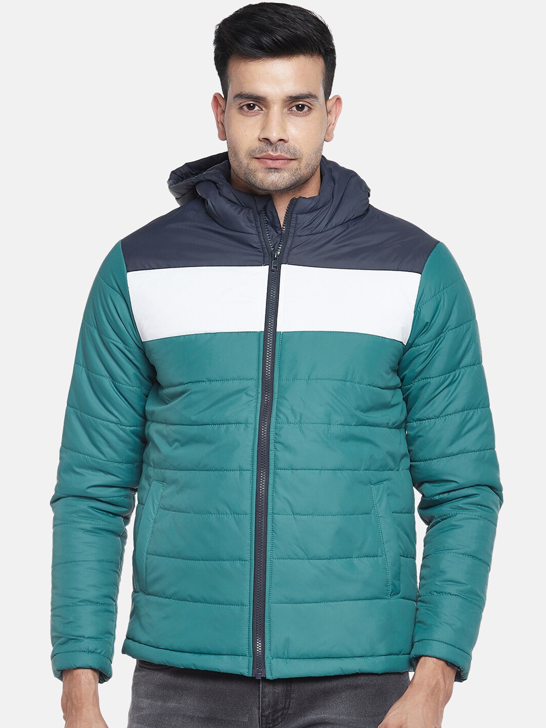 

People Men Green Striped Padded Jacket