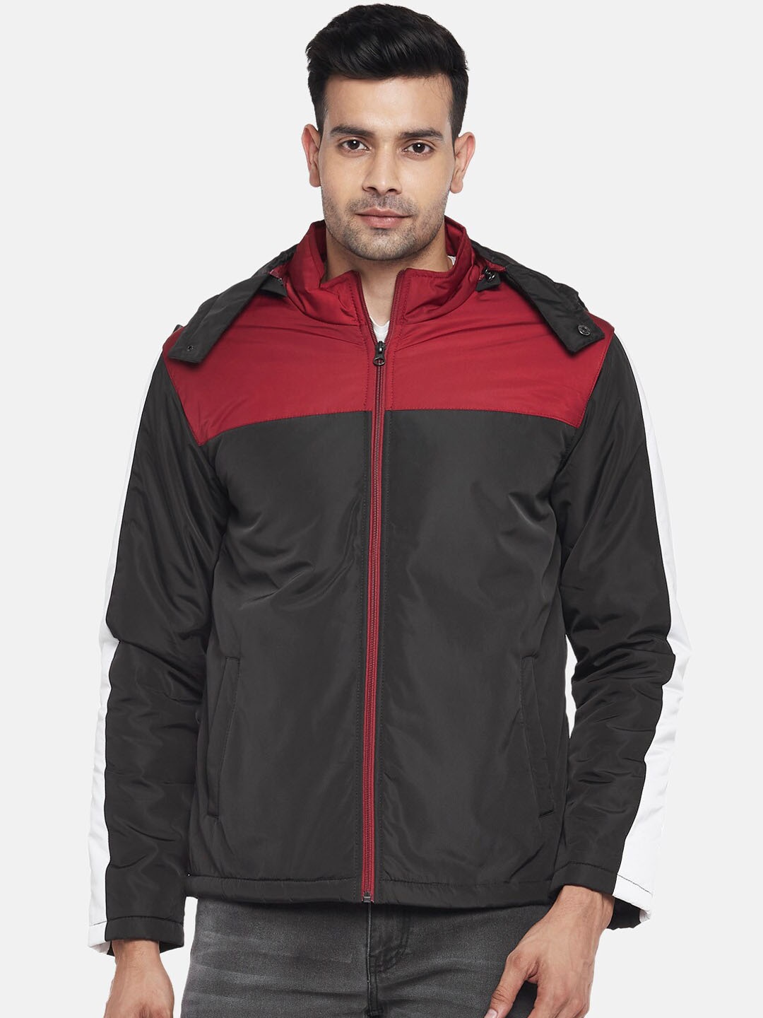 

People Men Black Maroon Colourblocked Bomber Jacket