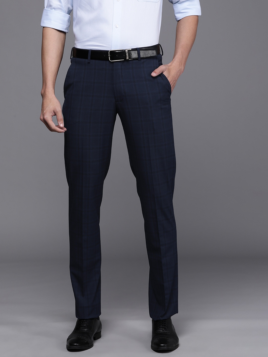 

Louis Philippe Men Navy Blue Checked Slim Fit Formal Trousers