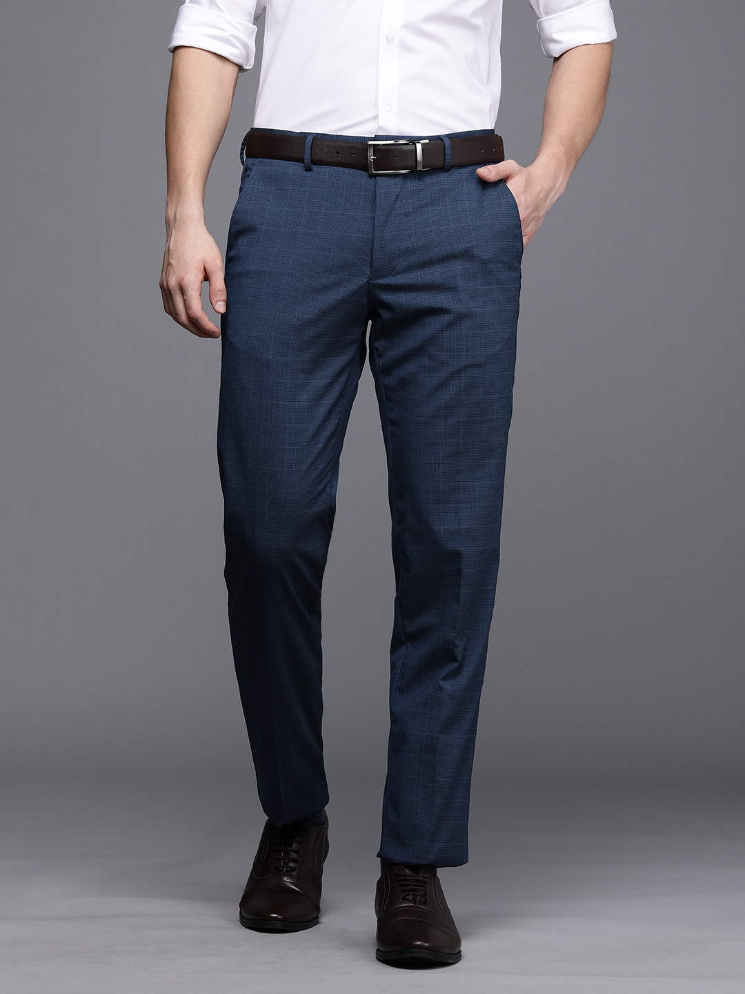 

Louis Philippe Men Blue Checked Slim Fit Formal Trousers