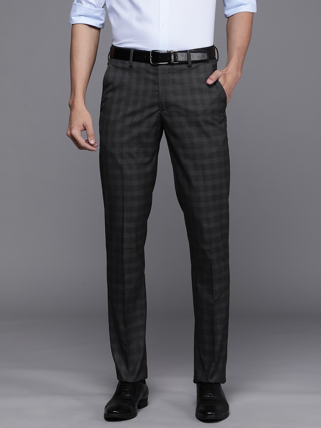 

Louis Philippe Men Navy Blue Checked Slim Fit Formal Trousers