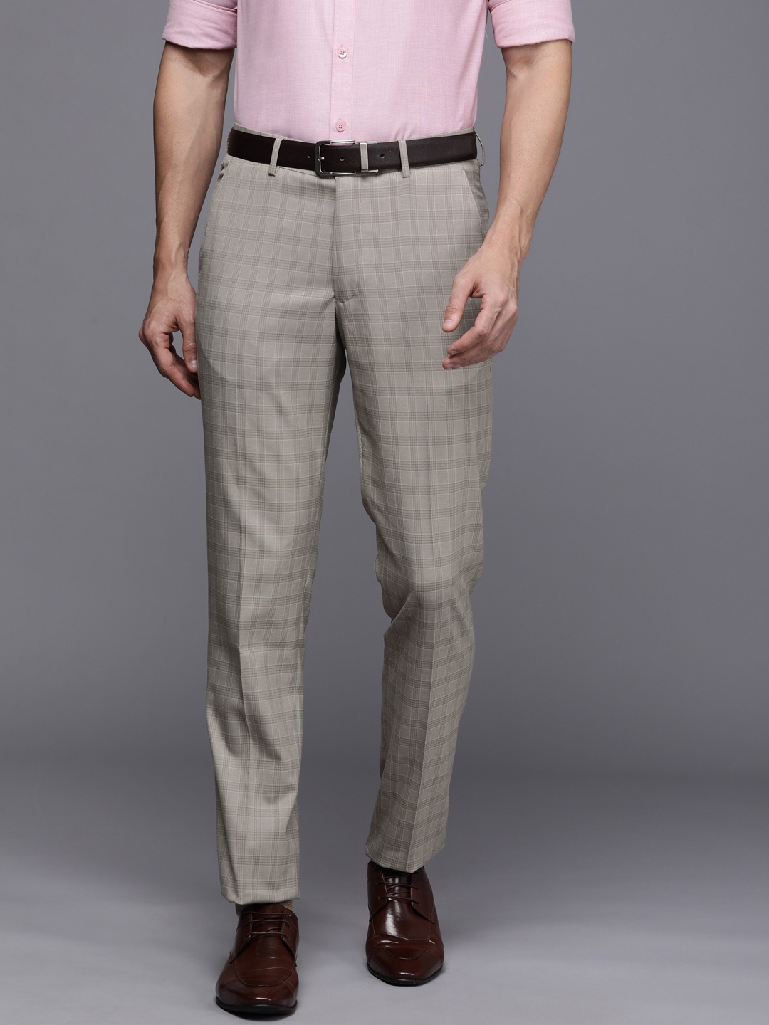 

Louis Philippe Men Beige Checked Slim Fit Formal Trousers