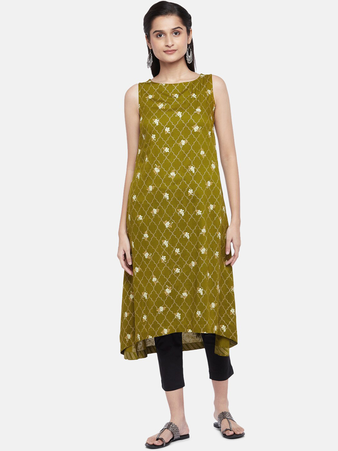 

RANGMANCH BY PANTALOONS Women Olive Green & White Floral Printed Kurta