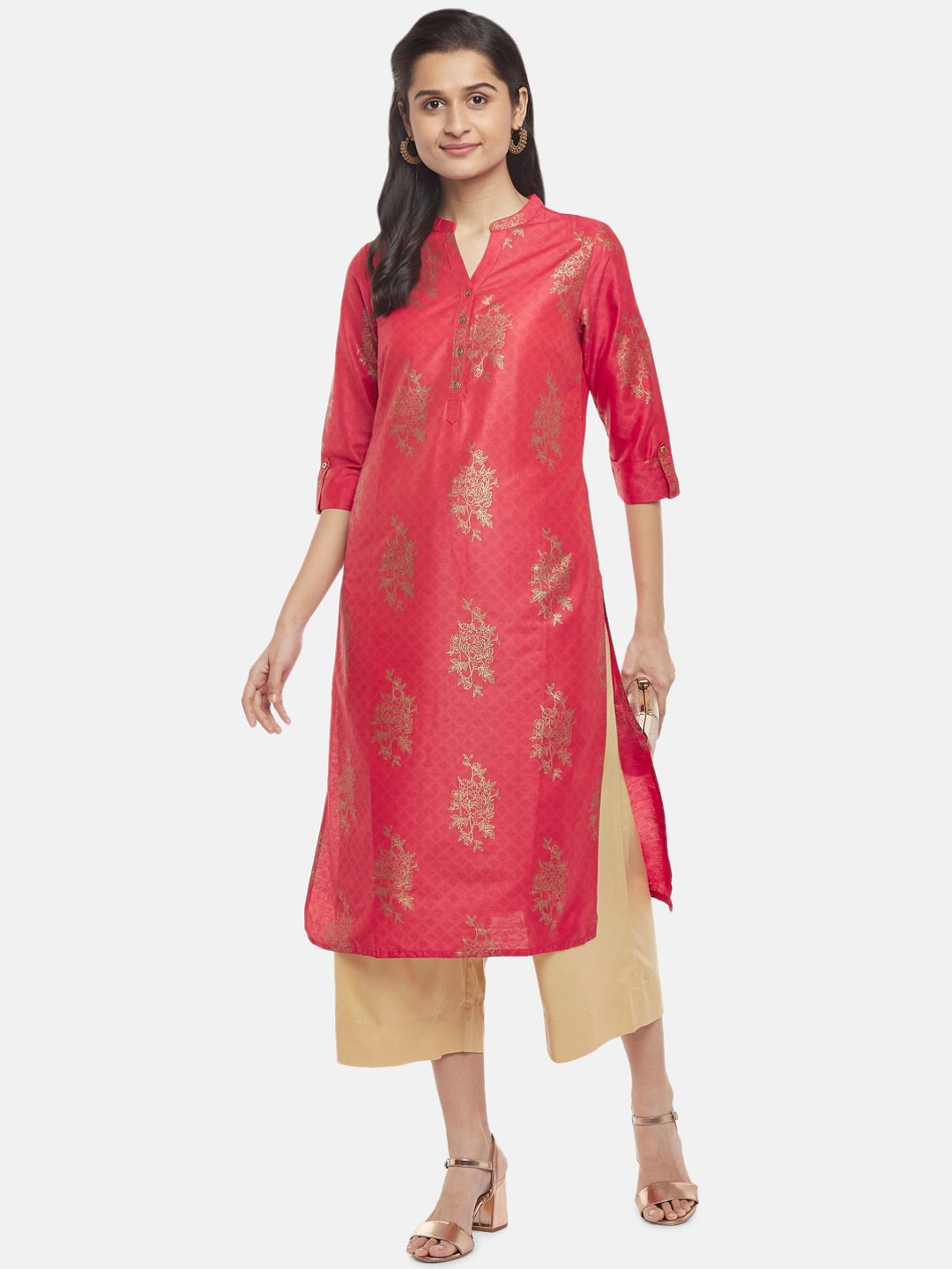 

RANGMANCH BY PANTALOONS Women Coral Ethnic Motifs Printed Straight Kurta