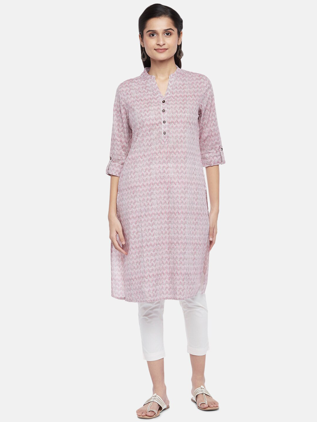 

RANGMANCH BY PANTALOONS Women Pink & White Geometric Printed Pure Cotton Kurta