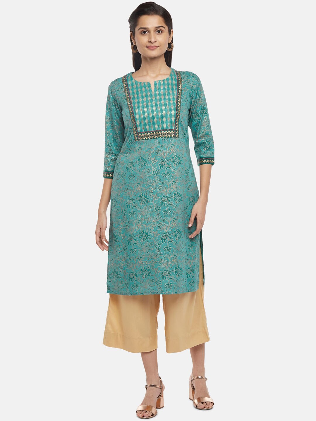 

RANGMANCH BY PANTALOONS Women Teal & Gold-Coloured Floral Printed Pure Cotton Kurta