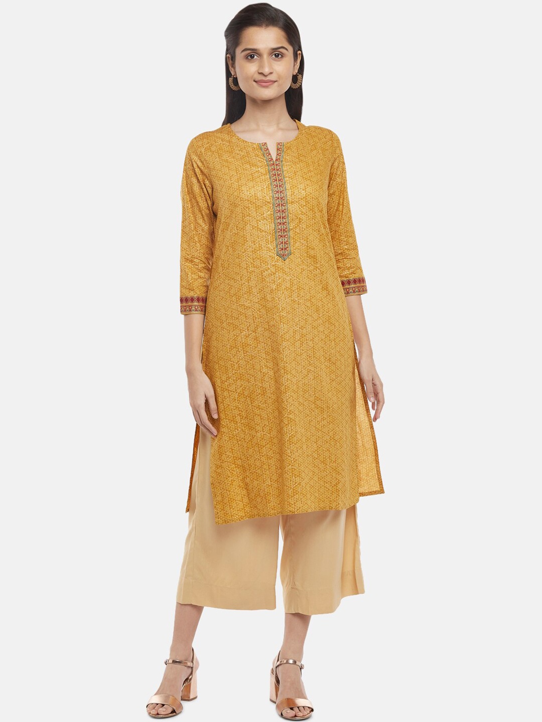 

RANGMANCH BY PANTALOONS Women Mustard Yellow & Beige Ethnic Motifs Kurta