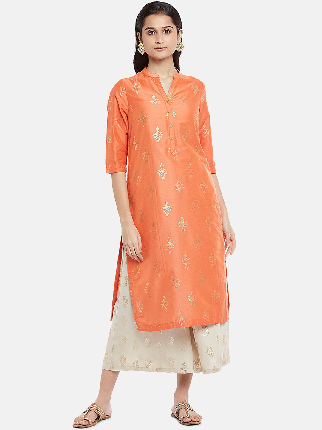 

RANGMANCH BY PANTALOONS Women Orange & Gold-Toned Ethnic Motifs Printed Kurta