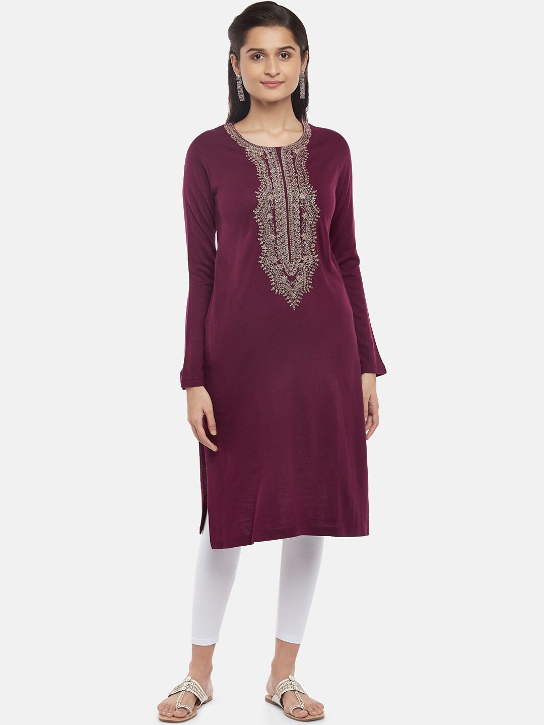 

RANGMANCH BY PANTALOONS Women Burgundy Embroidered Straight Acrylic Kurta