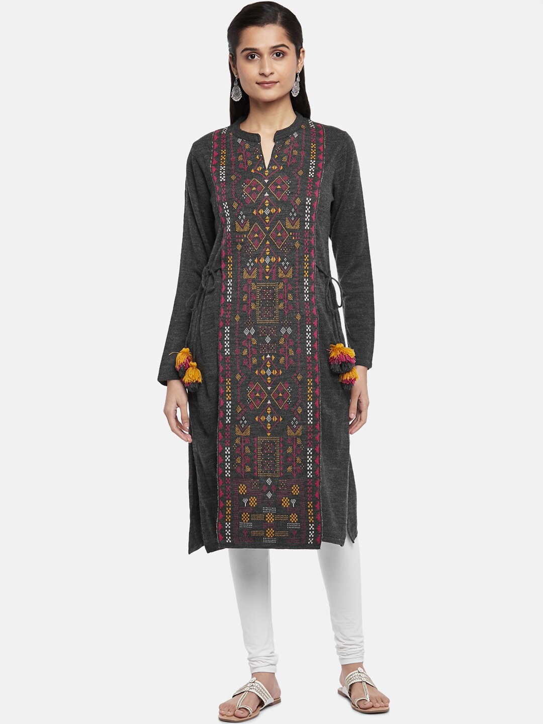 

RANGMANCH BY PANTALOONS Women Grey Ethnic Motifs Embroidered Acrylic Kurta