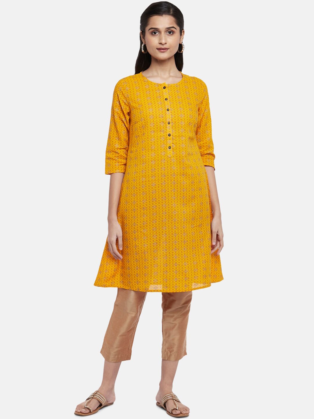 

RANGMANCH BY PANTALOONS Women Mustard Yellow & Red Ethnic Motifs Printed Kurta