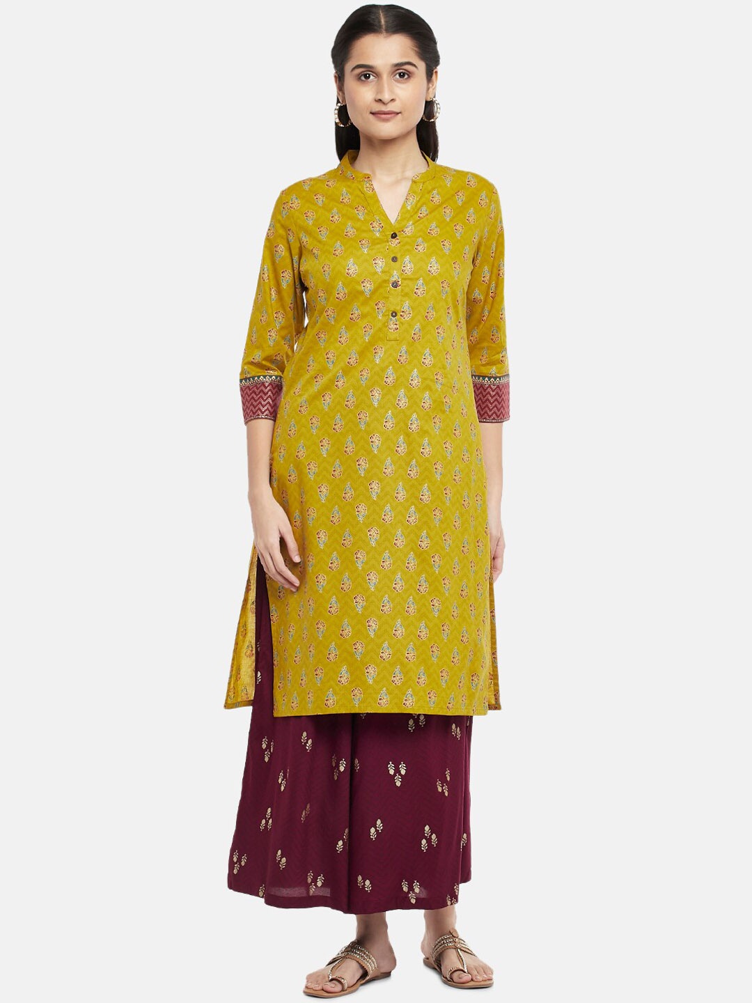 

RANGMANCH BY PANTALOONS Women Mustard Yellow Ethnic Motifs Printed Straight Kurta