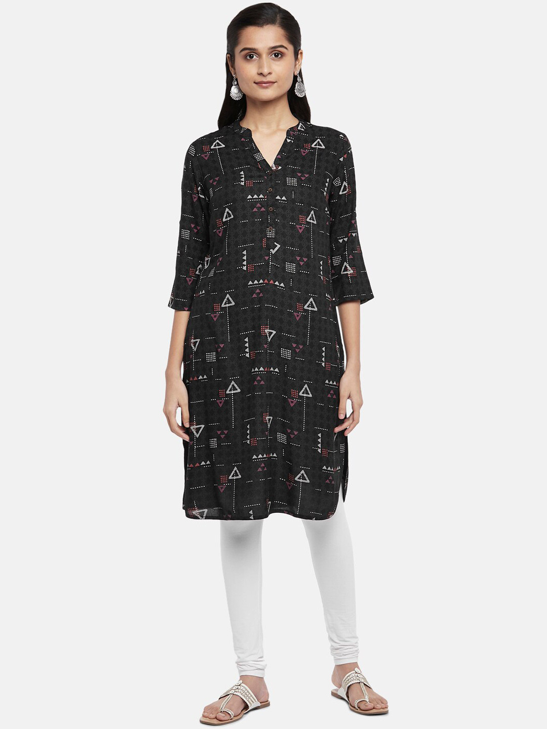 

RANGMANCH BY PANTALOONS Women Charcoal & White Geometric Printed Kurta