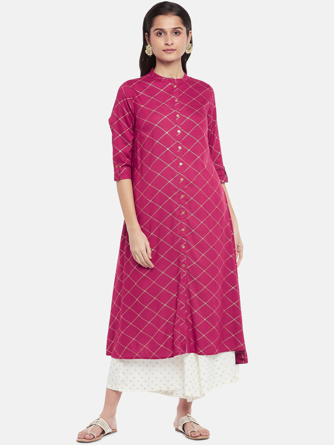 

RANGMANCH BY PANTALOONS Women Fuchsia Checked Asymmetric Kurta