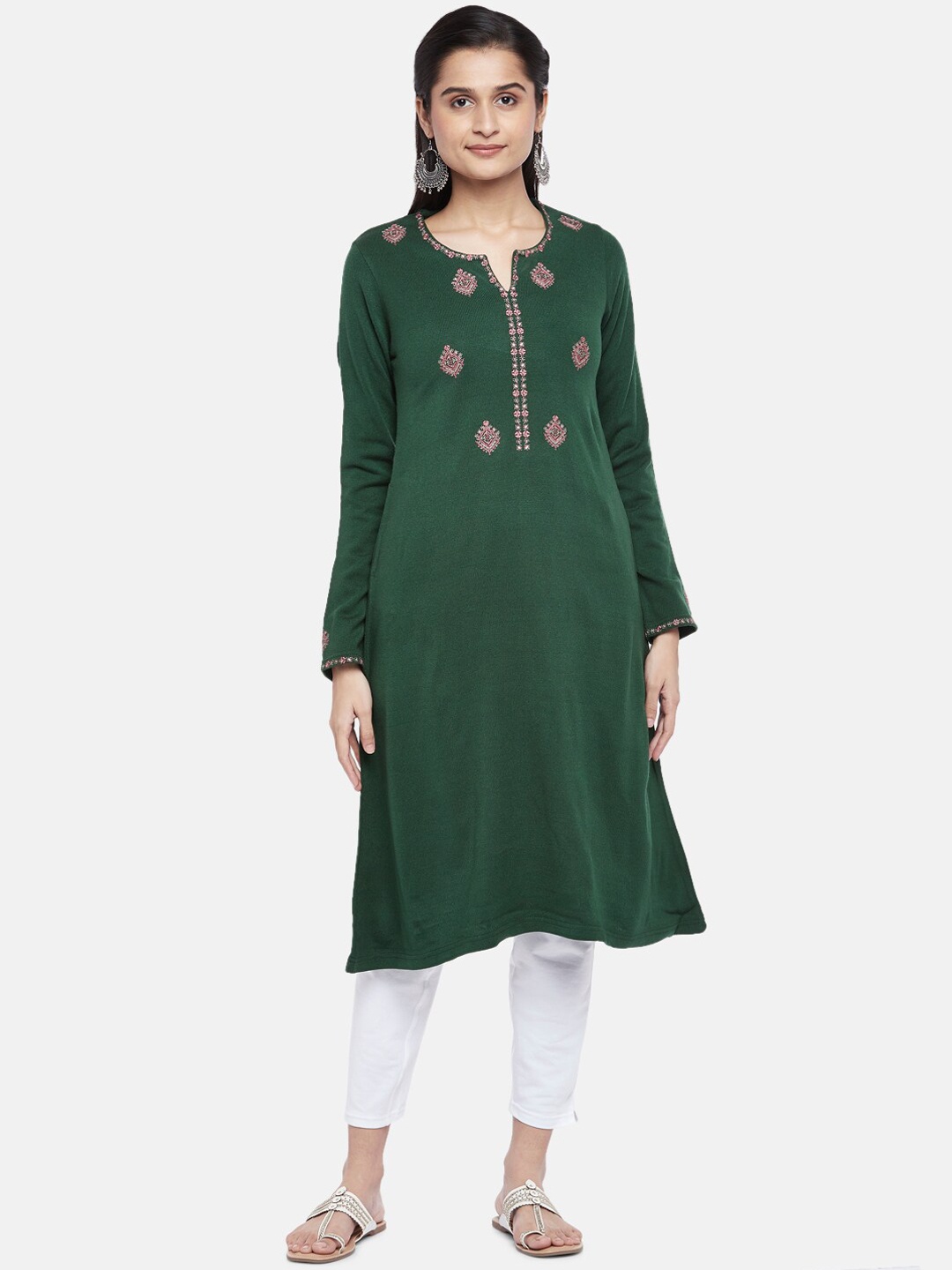 

RANGMANCH BY PANTALOONS Women Green Ethnic Motifs Embroidered Acrylic Kurta