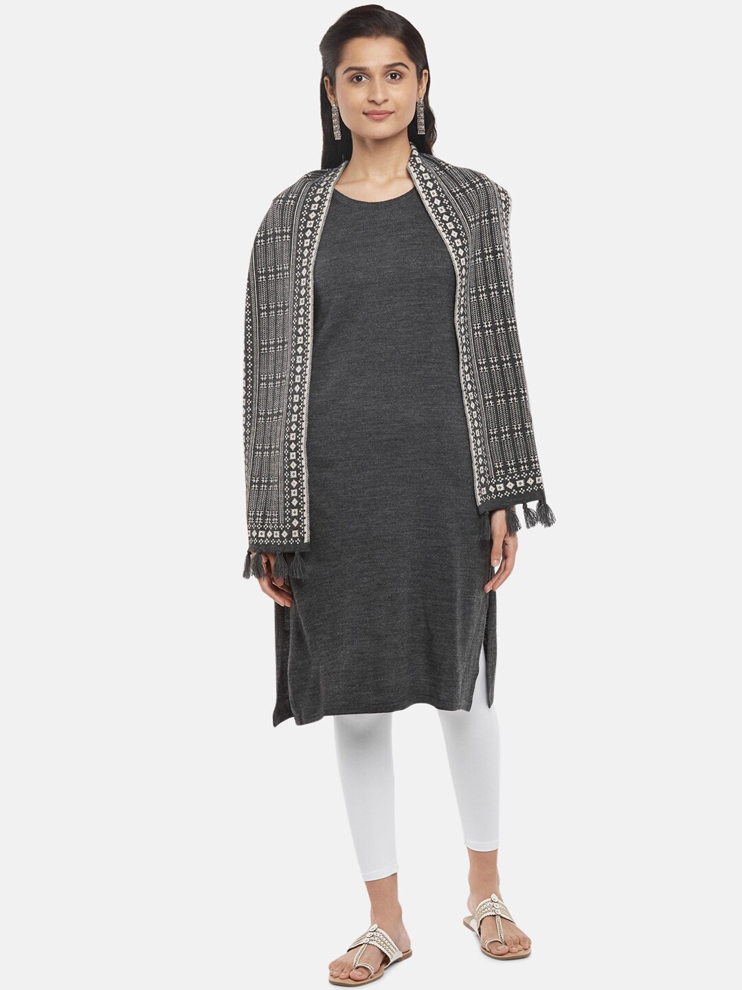 

RANGMANCH BY PANTALOONS Women Charcoal Grey Pure Acrylic Straight Kurta