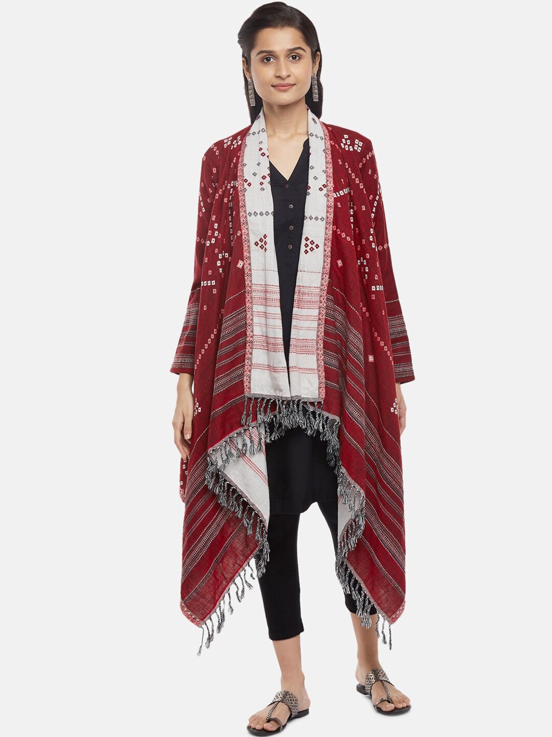 

RANGMANCH BY PANTALOONS Women Red Self Design Asymmetric Front Open Shrug